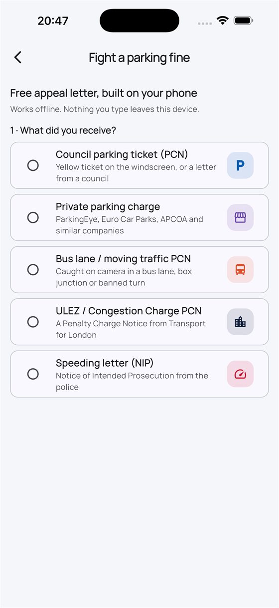 The appeal letter tool asking what kind of ticket you received: council PCN, private parking charge, bus lane, ULEZ or a speeding notice.