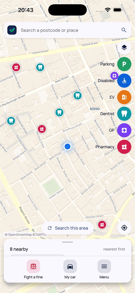 A live map with pins for NHS dentists and pharmacies, and round layer filters for parking, Blue Badge, EV, dentist, GP and pharmacy.