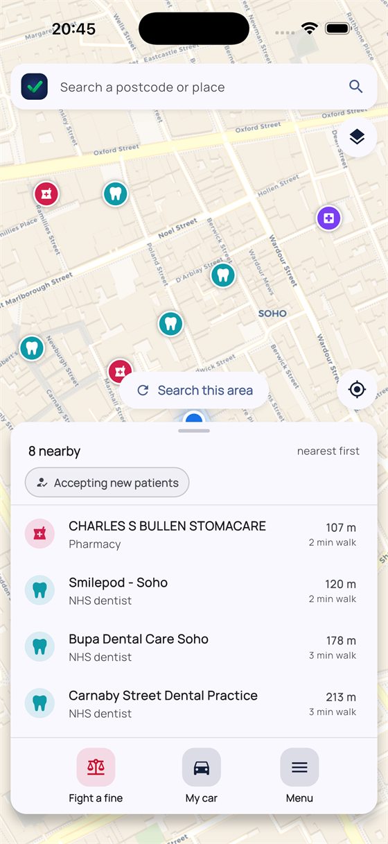 The nearby list showing a pharmacy and three NHS dentists with distance and walking time, and a filter for practices accepting new patients.